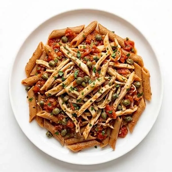 Braised Chicken with Whole Wheat Penne & Tomato Caper Sauce